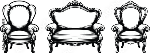 Vintage chair and loveseat set, ornate furniture vector illustration, classical seating design, elegant scrollwork armrests, antique interior decor asset