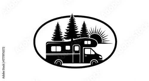 Camper Van Adventure Badge — Minimal Monochrome Vector Logo