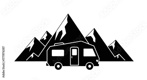Black and White Camper Car Vector Illustration