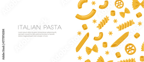 Vector Italian pasta food macaroni design set. Italian pasta type cartoon different shape isolated icon