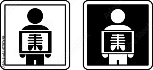 Radiology Signs. Black and White Vector Icons. Person Taking X-rays of Internal Organs. Hospital Department Sign