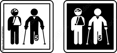 Traumatology Signs. Black and White Vector Icons. Person with Head and Arm Injury, Person on Crutches with Leg Injury. Hospital Department Sign