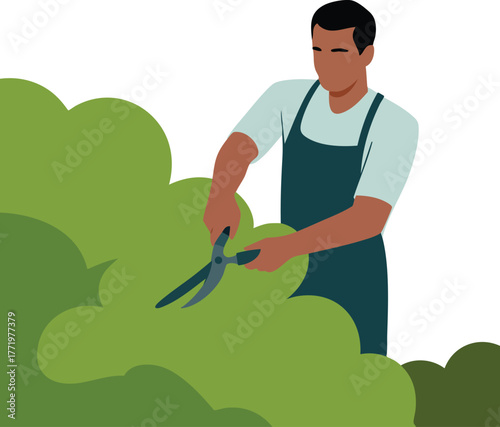 Gardener trimming green shrubbery with garden shears performing outdoor landscaping maintenance 