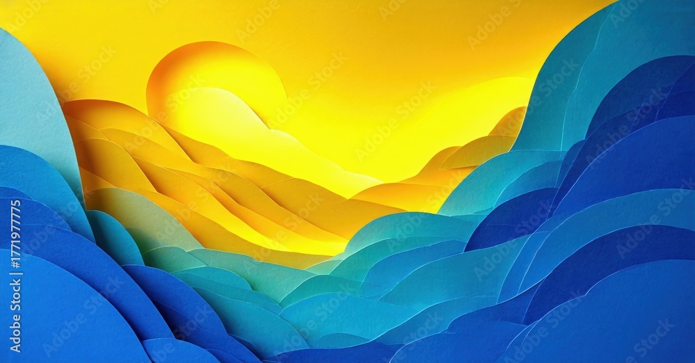 Fototapeta premium Abstract landscape. Paper layers create sun, hills, valleys. Warm yellows contrast cool blues. Minimalist design, serene mood.