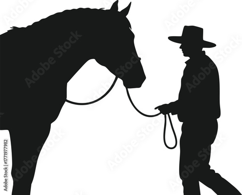 Cowboy leading horse silhouette vector showing western lifestyle and animal care concept in black and white design 