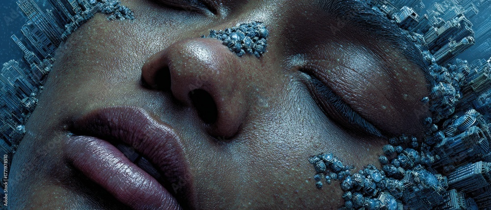 Obraz premium Closeup of African American womans face with futuristic cityscape and abstract textures Concept of technology, dreams, and surreal beauty