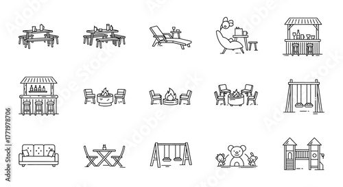 backyard furniture line icons patio sets swing sets and outdoor bars offering outdoor living and backyard fun for lifestyle marketing.