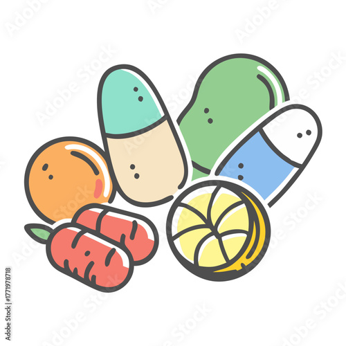 Colorful vector illustration of vitamins and supplements collection