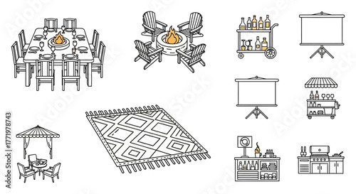 backyard setup with fire pit  dining table perfect for outdoor entertaining featuring a grill station and stylish rug ideal for lifestyle and home design blogs.