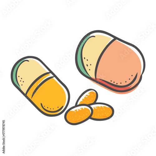 Vector illustration of assorted vitamin pills and capsules