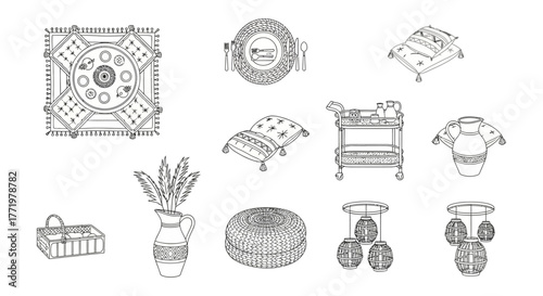 boho style decor elements dining table setup with pillows tableware and pendant lights for creating a relaxing interior design aesthetic