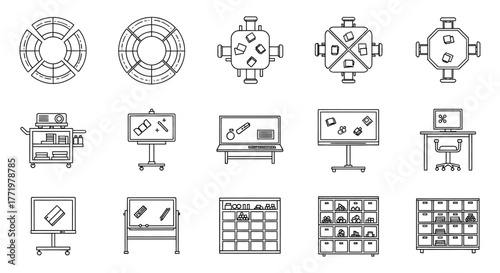 classroom furniture icons demonstrating school equipment for collaborative learning environments ideal for educational resources and planning infographics.