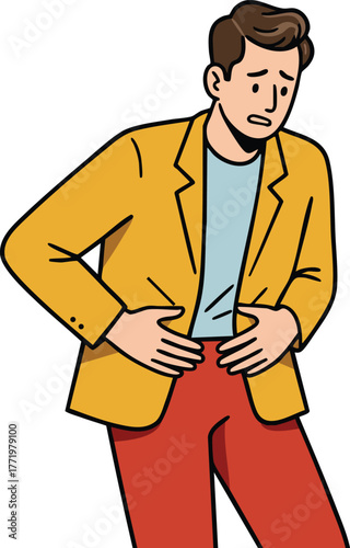 Man in yellow jacket holding stomach with pain gesture feeling unwell vector illustration 