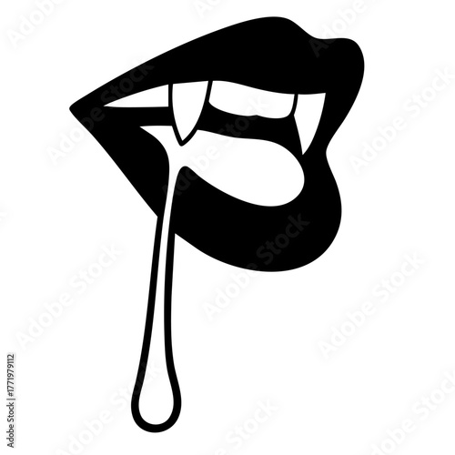 Dripping vampire bite — lips with fangs and drop of blood, dark Halloween temptation