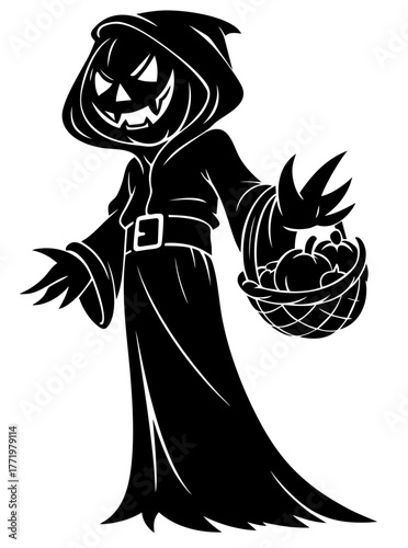 Halloween Pumpkin Witch — spooky jack o’lantern sorceress in hooded cloak with basket