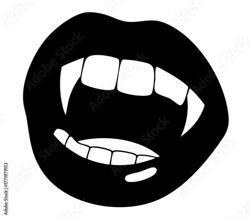 Vampire mouth with fangs open — black lips silhouette of vampire bite and sharp teeth, Halloween horror lips