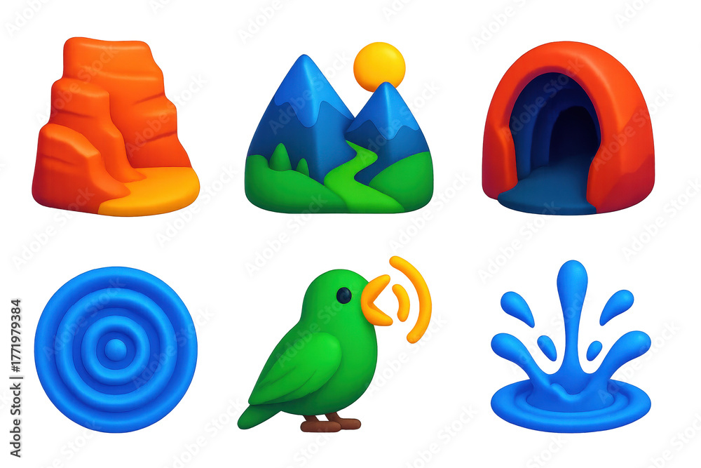 Fototapeta premium Vivid Natural Echoes Icons. 3D icon set of natural echoes: canyon wall, mountain valley, cave tunnel, soundwave ripple, bird call,