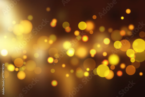 Warm golden bokeh lights on dark blurred background for festive celebration, party decoration, or elegant abstract design concept