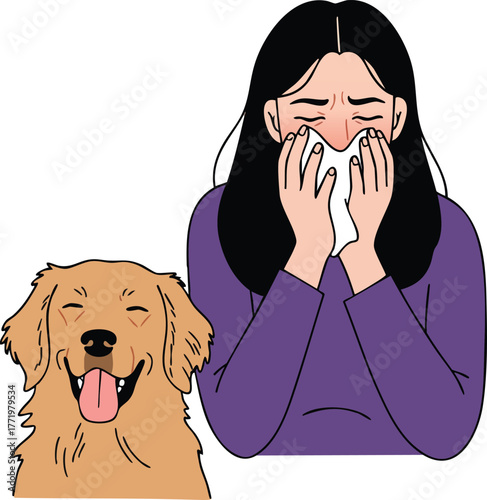 Woman with cold sneezing and golden retriever dog indoors health allergy symptom vector illustration 