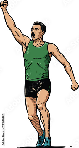 Male athlete celebrating victory with raised fist in green tank top and black shorts running motion vector illustration 