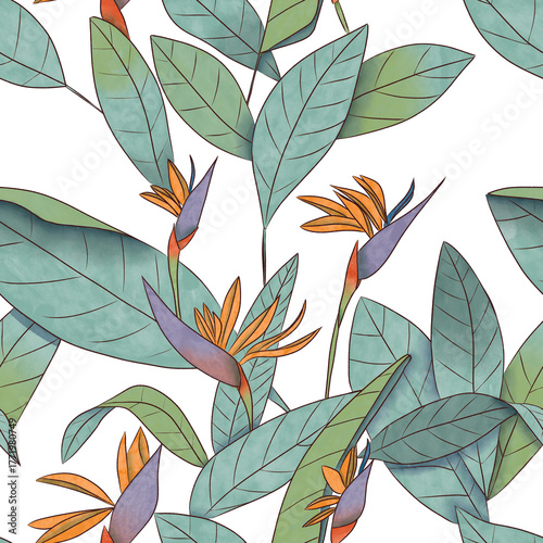 Digital seamless pattern with strelitzia flower and leaves motif; transparent background