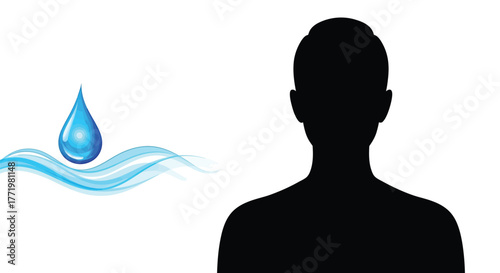 A dark human head outline with a water droplet and waves silhouette