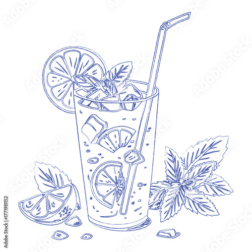Hand-drawn Mojito cocktail sketch. Refreshing summer drink with lime, mint, and ice. Vector illustration for a bar menu, happy hour, or summer party.