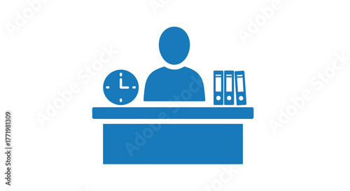 Reception desk with clock and files a modern office worker silhouette