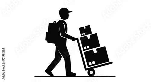 Delivery person pushing boxes on a hand truck simple illustration silhouette