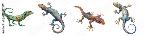 Colorful gecko collection, four digitally painted lizards with vibrant patterns, exotic reptile designs perfect for educational resources and artistic projects, gecko diversity