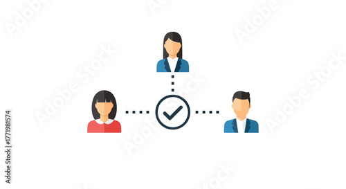 Connected people with a central check mark illustrated network design silhouette