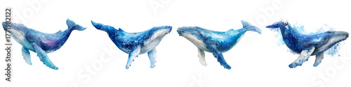 Majestic watercolor whales swimming gracefully, perfect for ocean-themed designs, marine conservation campaigns, and educational resources, capturing the beauty of wildlife