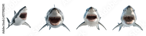 Four majestic great white sharks in different poses swimming with open mouth showcasing teeth, embodying power, danger, and the raw beauty of marine wildlife