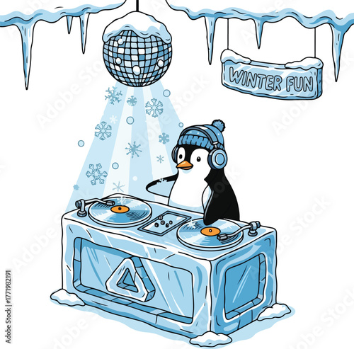 Cool Penguin DJ Mixing Music in an Icy Disco Illustration