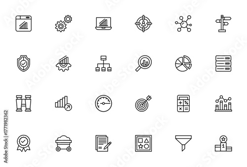 Data Analytics icon set. Vector illustration. Includs symbols for bar graph, aalysis, target audience, dta management, pie chart, rowth, speedometer and mor. Editable stroke.