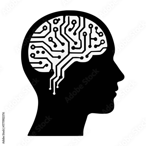 Human Head Silhouette with Circuit Board Brain Representing AI and Digital Cognition on White Background