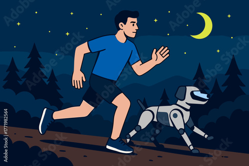 Man jogging in the night with a robotic dog companion under a crescent moon