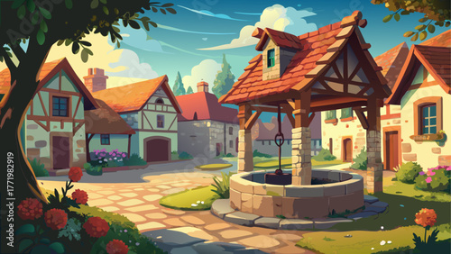 vector of a vintage village square, stone well in center, flowers around, warm afternoon light, calm nostalgic rural atmosphere