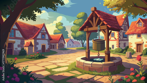 vector of a vintage village square, stone well in center, flowers around, warm afternoon light, calm nostalgic rural atmosphere