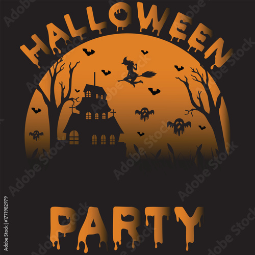 Print Spooky Halloween party poster design with haunted house, flying witch, bats, ghosts, and eerie trees against an orange moon background. Perfect for festive invitations or event ads.