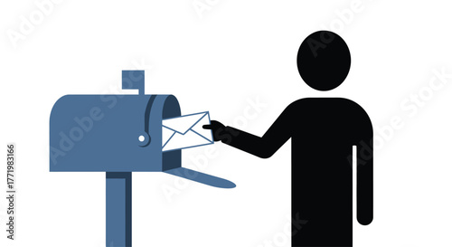 A person reaching for mail delivered to a blue mailbox silhouette