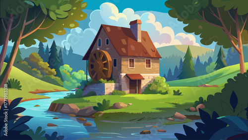 Vector of an old watermill by the riverbank, surrounded by green trees, cloudy sky, soft sunlight, calm nostalgic countryside atmosphere, realistic texture
