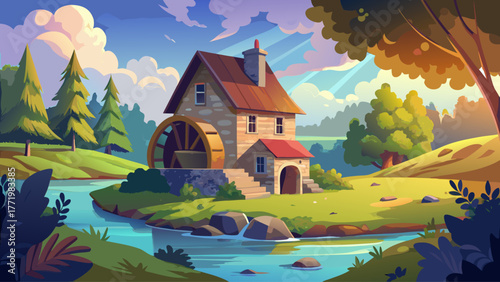Vector of an old watermill by the riverbank, surrounded by green trees, cloudy sky, soft sunlight, calm nostalgic countryside atmosphere, realistic texture