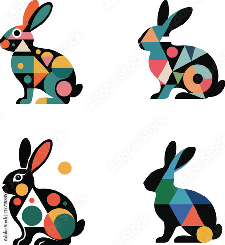 Four stylized geometric rabbits with colorful abstract patterns and shapes on a white background celebrating spring and easter