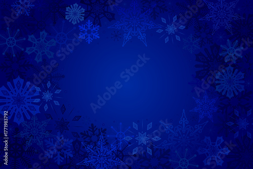 Christmas and New year blue background snowflakes. Copy space. Deep blue frame winter night sky. Luxury backdrop for greeting card, banner, packaging design. Holiday border with fancy ice crystals.