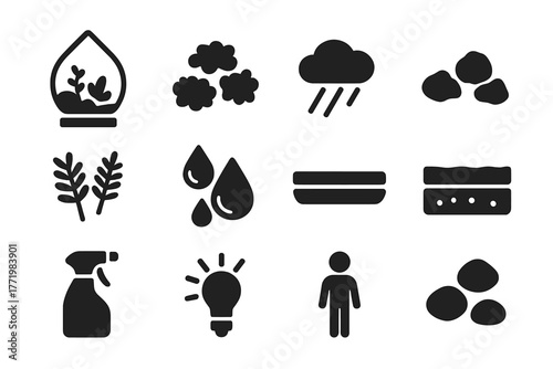 Miniature Garden Icons. Solid style icons of Miniature Garden: Glass Terrarium, Moss, Mist, Miniature Rocks, Tiny Ferns, Water