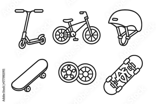 Youth Rides Icons. Line style icons of Youth and Teen Rides: freestyle scooter, compact BMX bike, adjustable helmet, urban skater
