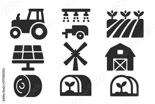 Sustainable Farming Icons. Solid style icons of Sustainable Farming: Tractor, Irrigation System, Crop Rows, Solar Panel, Windmill,