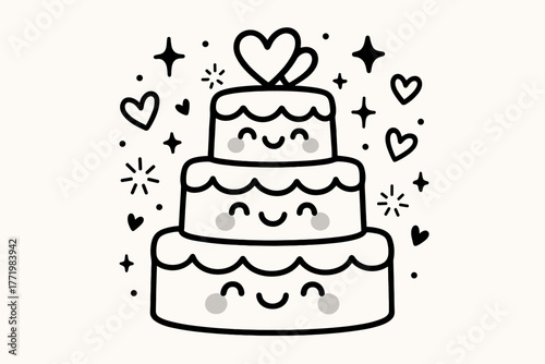 Joyful Wedding Cake. Adorable doodle vector design of a smiling tiered wedding cake with happy faces on each layer, surrounded by