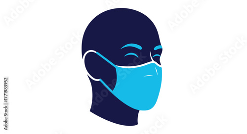 A dark head profile wearing a light blue protective face mask silhouette